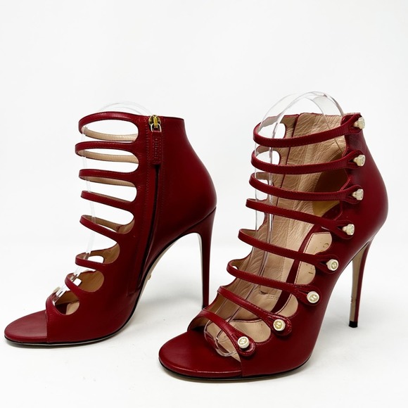 Gucci Shoes - Gucci Malaga Kid Ladder Strap Leather Booties In Hibiscus Red